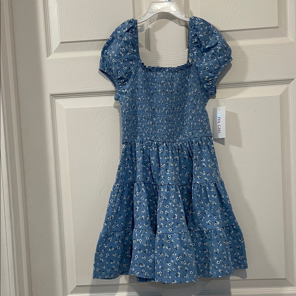 Sweet Diva Blue Floral Printed Knit Smocked Puff Sleeve Dress NWT Size 8